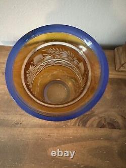 Vtg Blue & Yellow Cut Thick Glass Vase-Unmarked-6.25T