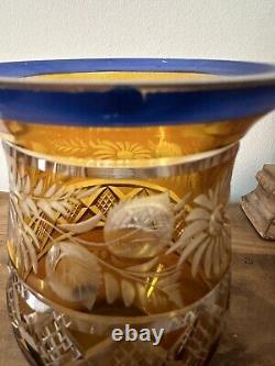 Vtg Blue & Yellow Cut Thick Glass Vase-Unmarked-6.25T