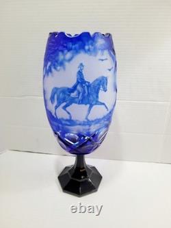 Vtg Bohemian Cobalt Blue Cut To Clear Cameo Etched Horse Glass Crystal Vase HTF
