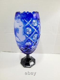 Vtg Bohemian Cobalt Blue Cut To Clear Cameo Etched Horse Glass Crystal Vase HTF