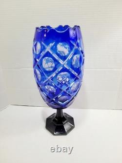 Vtg Bohemian Cobalt Blue Cut To Clear Cameo Etched Horse Glass Crystal Vase HTF