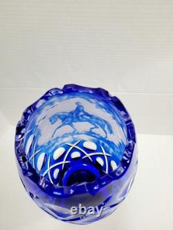 Vtg Bohemian Cobalt Blue Cut To Clear Cameo Etched Horse Glass Crystal Vase HTF