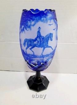 Vtg Bohemian Cobalt Blue Cut To Clear Cameo Etched Horse Glass Crystal Vase HTF