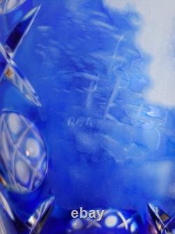 Vtg Bohemian Cobalt Blue Cut To Clear Cameo Etched Horse Glass Crystal Vase HTF