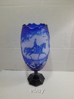 Vtg Bohemian Cobalt Blue Cut To Clear Cameo Etched Horse Glass Crystal Vase HTF