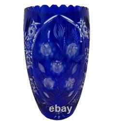 Vtg. Bohemian Czech Cobalt Blue Cut To Clear Crystal Glass Vase, Floral 12
