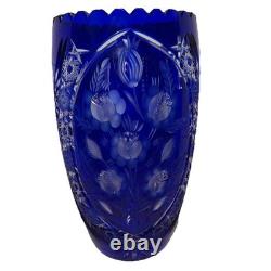 Vtg. Bohemian Czech Cobalt Blue Cut To Clear Crystal Glass Vase, Floral 12