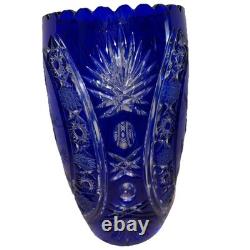 Vtg. Bohemian Czech Cobalt Blue Cut To Clear Crystal Glass Vase, Floral 12