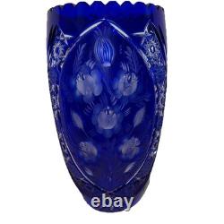 Vtg. Bohemian Czech Cobalt Blue Cut To Clear Crystal Glass Vase, Floral 12