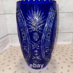 Vtg. Bohemian Czech Cobalt Blue Cut To Clear Crystal Glass Vase, Floral 12