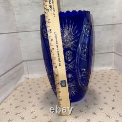 Vtg. Bohemian Czech Cobalt Blue Cut To Clear Crystal Glass Vase, Floral 12
