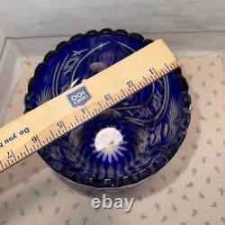 Vtg. Bohemian Czech Cobalt Blue Cut To Clear Crystal Glass Vase, Floral 12
