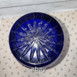 Vtg. Bohemian Czech Cobalt Blue Cut To Clear Crystal Glass Vase, Floral 12