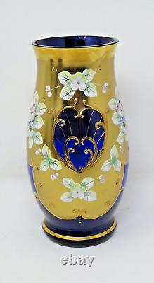 Vtg Bohemian Egerman Glass Blue Gold Applique Flowers High Enamel Vase Czech Rep