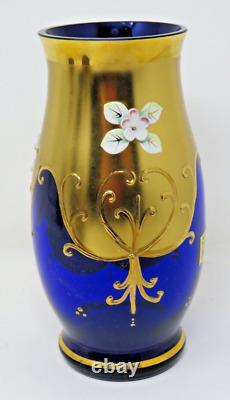 Vtg Bohemian Egerman Glass Blue Gold Applique Flowers High Enamel Vase Czech Rep