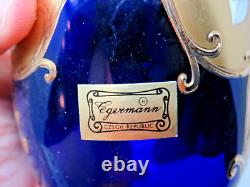 Vtg Bohemian Egerman Glass Blue Gold Applique Flowers High Enamel Vase Czech Rep