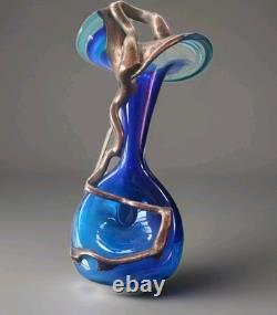 Vtg Brutalist Filip Ravert Hand Blown Art Nouveau Glass Vase Blue Copper Overlay Vtg Brutalist Filip Ravert Hand Blown Art Nouveau Glass Vase Blue Copper Overlay