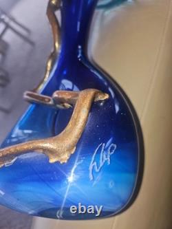 Vtg Brutalist Filip Ravert Hand Blown Art Nouveau Glass Vase Blue Copper Overlay