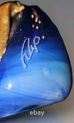 Vtg Brutalist Filip Ravert Hand Blown Art Nouveau Glass Vase Blue Copper Overlay
