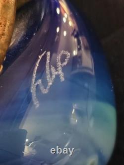 Vtg Brutalist Filip Ravert Hand Blown Art Nouveau Glass Vase Blue Copper Overlay