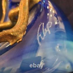 Vtg Brutalist Filip Ravert Hand Blown Art Nouveau Glass Vase Blue Copper Overlay