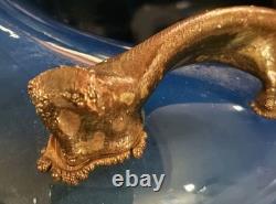 Vtg Brutalist Filip Ravert Hand Blown Art Nouveau Glass Vase Blue Copper Overlay