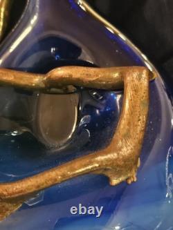 Vtg Brutalist Filip Ravert Hand Blown Art Nouveau Glass Vase Blue Copper Overlay