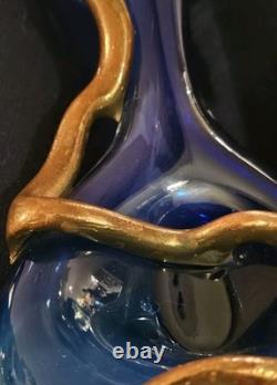 Vtg Brutalist Filip Ravert Hand Blown Art Nouveau Glass Vase Blue Copper Overlay