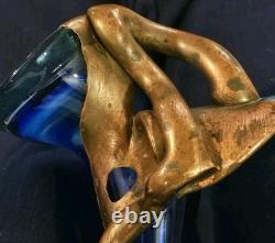 Vtg Brutalist Filip Ravert Hand Blown Art Nouveau Glass Vase Blue Copper Overlay