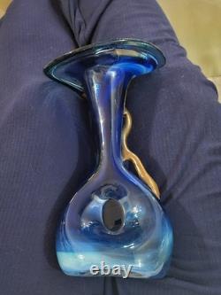 Vtg Brutalist Filip Ravert Hand Blown Art Nouveau Glass Vase Blue Copper Overlay