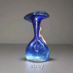 Vtg Brutalist Filip Ravert Hand Blown Art Nouveau Glass Vase Blue Copper Overlay