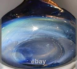 Vtg Brutalist Filip Ravert Hand Blown Art Nouveau Glass Vase Blue Copper Overlay