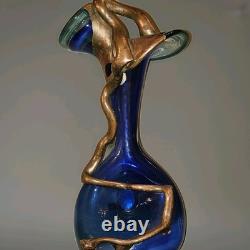 Vtg Brutalist Filip Ravert Hand Blown Art Nouveau Glass Vase Blue Copper Overlay