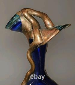 Vtg Brutalist Filip Ravert Hand Blown Art Nouveau Glass Vase Blue Copper Overlay