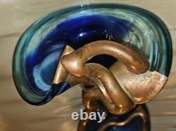 Vtg Brutalist Filip Ravert Hand Blown Art Nouveau Glass Vase Blue Copper Overlay
