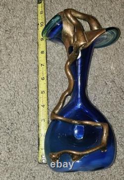 Vtg Brutalist Filip Ravert Hand Blown Art Nouveau Glass Vase Blue Copper Overlay