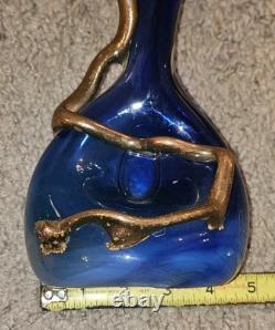 Vtg Brutalist Filip Ravert Hand Blown Art Nouveau Glass Vase Blue Copper Overlay