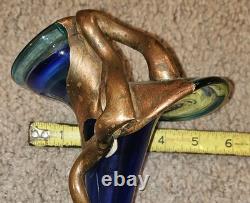 Vtg Brutalist Filip Ravert Hand Blown Art Nouveau Glass Vase Blue Copper Overlay