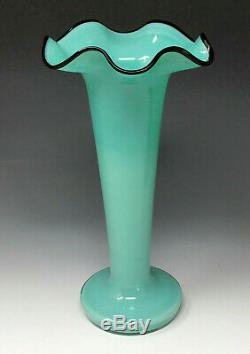 Vtg. Czech Glass Tango Vase AQUA BLUE BLACK LIP Czechoslovakia, kralik loetz era