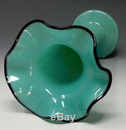 Vtg. Czech Glass Tango Vase AQUA BLUE BLACK LIP Czechoslovakia, kralik loetz era