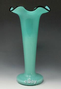 Vtg. Czech Glass Tango Vase AQUA BLUE BLACK LIP Czechoslovakia, kralik loetz era