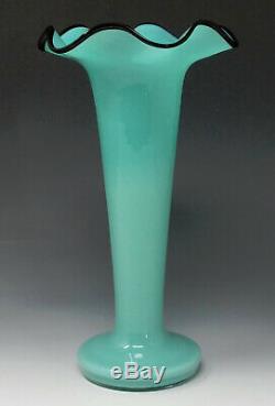 Vtg. Czech Glass Tango Vase AQUA BLUE BLACK LIP Czechoslovakia, kralik loetz era