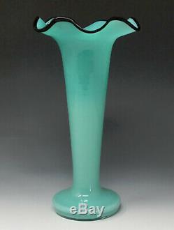 Vtg. Czech Glass Tango Vase AQUA BLUE BLACK LIP Czechoslovakia, kralik loetz era