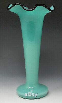 Vtg. Czech Glass Tango Vase AQUA BLUE BLACK LIP Czechoslovakia, kralik loetz era