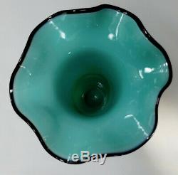 Vtg. Czech Glass Tango Vase AQUA BLUE BLACK LIP Czechoslovakia, kralik loetz era