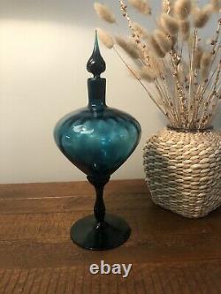 Vtg Empoli Venetian Glass Teal Blue Decanter Genie Bottle MCM 13 Twist Stopper