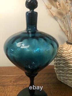 Vtg Empoli Venetian Glass Teal Blue Decanter Genie Bottle MCM 13 Twist Stopper