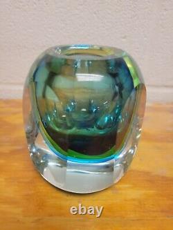 Vtg Flavio Poli Art Glass Sommerso Faceted Blue Green Cubed Vase