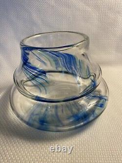 Vtg Fostoria Signed 1977 Art Glass Vase, Clear With Cobalt Blue Streaks