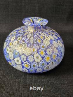 Vtg Gumps San Francisco Murano Millefiori Blue And Gold Fleck 4.5 Glass Vase